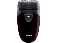 Rasoir électrique Philips noir et marron. Deux têtes rotatives et un bouton d'alimentation.