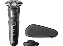 Charger l&#39;image dans la galerie, Rasoir Philips noir à trois têtes, un étui de voyage et un socle de chargement.
