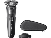 Rasoir Philips noir à trois têtes, un étui de voyage et un socle de chargement.