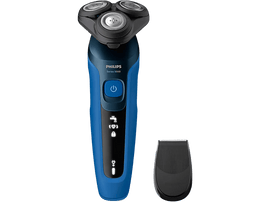 Rasoir électrique avec un corps bleu et trois têtes de rasage circulaires, et un couvercle de nettoyage noir.