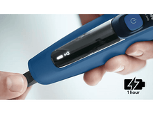Charger l&#39;image dans la galerie, Un rasoir électrique bleu et noir. Une petite icône de batterie est affichée.
