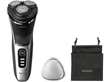 Charger l&#39;image dans la galerie, Rasoir électrique Philips série 3000, utilisation sur peau sèche ou humide. Livré avec une tête de nettoyage et une pochette de voyage.
