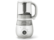Robot culinaire pour bébé blanc et gris avec pichet transparent et poignée, affichage numérique.