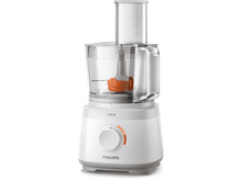 Charger l&#39;image dans la galerie, Robot culinaire blanc avec des accents orange et un récipient transparent.
