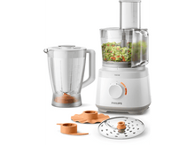 Charger l&#39;image dans la galerie, Un robot culinaire Philips blanc et transparent avec des lames, des récipients et un mixeur.
