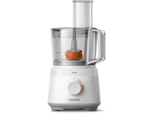 Charger l&#39;image dans la galerie, Un robot culinaire Philips blanc avec des accents orange et un récipient transparent.
