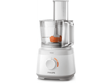 Charger l&#39;image dans la galerie, Un robot culinaire blanc avec un récipient transparent. Détails orange et gris. 700W.
