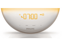 Charger l&#39;image dans la galerie, Réveil Philips lever de soleil blanc. L&#39;affichage numérique affiche 07h00. Petite icône d&#39;oiseau.
