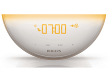Charger l&#39;image dans la galerie, Une lampe de réveil Philips blanche et jaune affichant l&#39;heure et d&#39;autres réglages.

