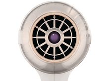 Charger l&#39;image dans la galerie, Gros plan de la buse d&#39;un sèche-cheveux blanc. L&#39;intérieur présente un motif noir en forme de croix et un centre violet.
