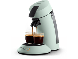 Machine à café Philips Senseo vert menthe avec deux verres de café sous les becs verseurs.