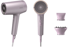 Charger l&#39;image dans la galerie, Deux sèche-cheveux Philips roses, un de côté et un de face, plus deux accessoires roses.
