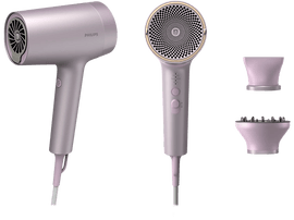 Deux sèche-cheveux Philips roses, un de côté et un de face, plus deux accessoires roses.