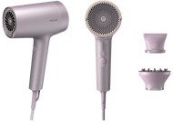 Deux sèche-cheveux Philips roses, un de côté et un de face, plus deux accessoires roses.