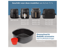 Charger l'image dans la galerie, Image montrant des friteuses à air et accessoires Philips, avec modèles et noms. Inclut un plat de cuisson et des moules à muffins.
