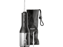 Charger l&#39;image dans la galerie, Un hydropulseur Philips Sonicare noir et argent et un étui de voyage noir.
