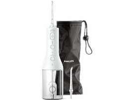 Hydropulseur Philips Sonicare blanc avec un sac de voyage noir et deux embouts.