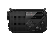 Radio d'urgence Philips noire. Comprend des commandes de réglage et de volume, et un affichage de fréquence. Possède haut-parleur et boutons.
