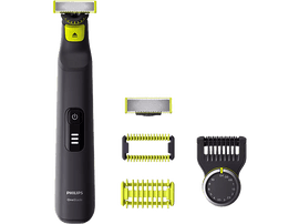 Rasoir Philips OneBlade noir avec divers accessoires de coupe.