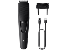 Charger l&#39;image dans la galerie, Tondeuse à barbe Philips noire. Elle a un bouton d&#39;alimentation et une échelle numérique. Accessoires.
