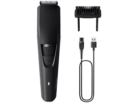 Tondeuse à barbe Philips noire. Elle a un bouton d