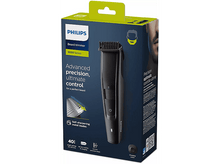 Charger l&#39;image dans la galerie, Tondeuse à barbe Philips noire en boîte avec support de charge et détails du produit.
