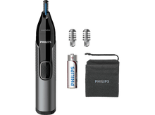 Charger l&#39;image dans la galerie, Tondeuse nasale Philips noire et grise, avec têtes et pile supplémentaires.
