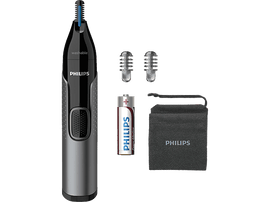Tondeuse nasale Philips noire et grise, avec têtes et pile supplémentaires.