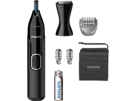 Tondeuse nasale Philips noire et accessoires : tête de tondeuse, accessoires, pile et pochette.