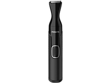 Charger l&#39;image dans la galerie, Tondeuse Philips noire pour poils de nez et d&#39;oreilles, design fin, avec bouton d&#39;alimentation et nom de la marque.
