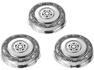 Trois têtes de rasoir argentées. Circulaires, avec une maille et un cercle central à motifs.