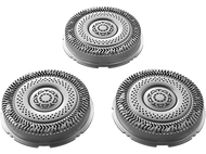 Trois têtes de rasoir électrique argentées sur fond blanc, avec un motif.