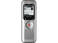 Enregistreur vocal argenté. L'écran affiche le nom du fichier et le temps d'enregistrement. Il a des boutons.