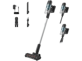 Un aspirateur sans fil avec divers accessoires sur fond noir. Argent et bleu.