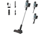 Un aspirateur sans fil avec divers accessoires sur fond noir. Argent et bleu.