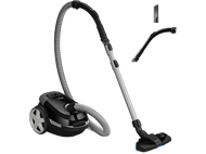 Aspirateur noir avec tuyau et accessoires gris. Roues blanches sur le côté. Le fond est blanc.