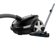 Charger l&#39;image dans la galerie, Aspirateur Philips noir avec tuyau et accessoire brosse.
