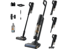 Charger l'image dans la galerie, Aspirateur Philips AquaTrio noir avec accessoires. Fond noir. Bouteille blanche.
