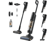 Aspirateur Philips AquaTrio noir avec accessoires. Fond noir. Bouteille blanche.