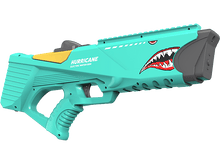 Charger l&#39;image dans la galerie, Pistolet à eau turquoise avec motif de gueule de requin, accent jaune et le texte &quot;HURRICANE ELECTRIC WATER GUN&quot; sur fond noir.
