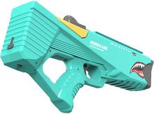 Charger l&#39;image dans la galerie, Un pistolet à eau électrique Hurricane turquoise avec un design de dents de requin, des accents jaunes et une gâchette noire, isolé sur blanc.
