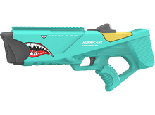Charger l&#39;image dans la galerie, Un pistolet à eau turquoise avec un motif de bouche de requin et le mot &quot;HURRICANE&quot; sur le côté.
