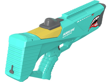 Charger l&#39;image dans la galerie, Un pistolet à eau électrique Hurricane turquoise. Il a un design de gueule de requin, des accents jaunes et une gâchette grise.
