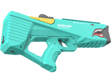 Charger l&#39;image dans la galerie, Un pistolet à eau électrique &#39;Hurricane&#39; turquoise avec un design de bouche de requin sur fond blanc.
