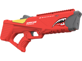 Un pistolet à eau rouge avec un motif de gueule de requin et des accents jaunes. Le texte "HURRICANE" est visible. Isolé sur fond noir.