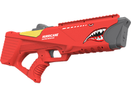 Un pistolet à eau rouge avec un motif de gueule de requin et des accents jaunes. Le texte 