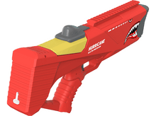 Charger l&#39;image dans la galerie, Pistolet à eau électrique &quot;Hurricane&quot; rouge et jaune avec motif de gueule de requin sur fond blanc.

