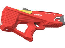 Charger l&#39;image dans la galerie, Pistolet à eau rouge avec design de bouche de requin, détails jaunes et texte &#39;Hurricane&#39;.
