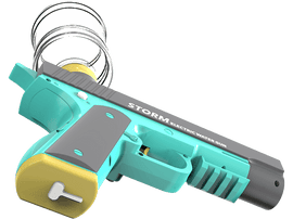Un pistolet à eau jouet turquoise, gris et jaune avec un réservoir d