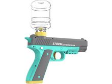 Charger l&#39;image dans la galerie, Un pistolet à eau jouet avec une bouteille d&#39;eau transparente dessus. Il est gris, turquoise et jaune, étiqueté &quot;Storm Electric Water Gun&quot;.
